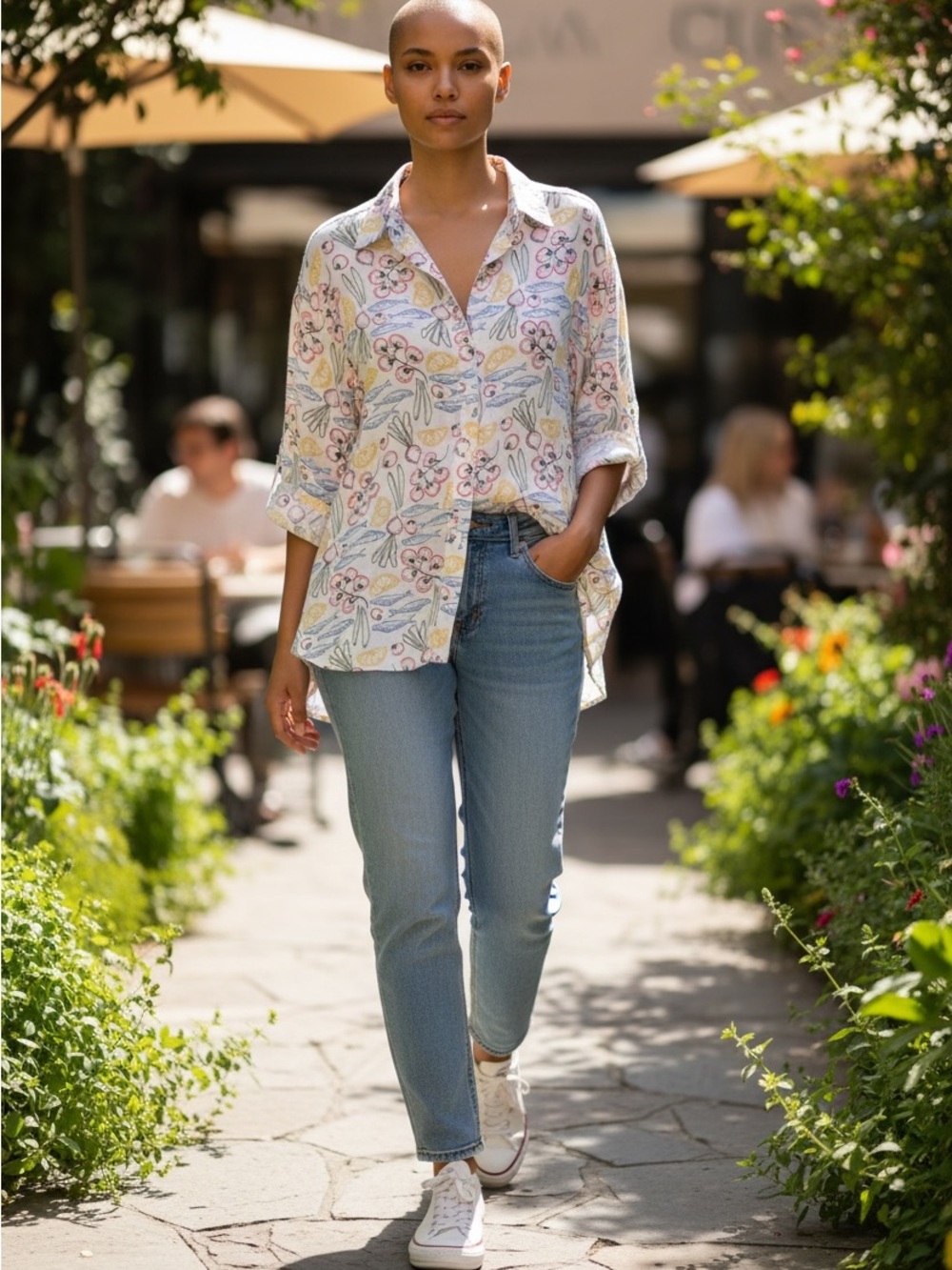 Floral Print Button-Up Shirt in Pastel Neutrals